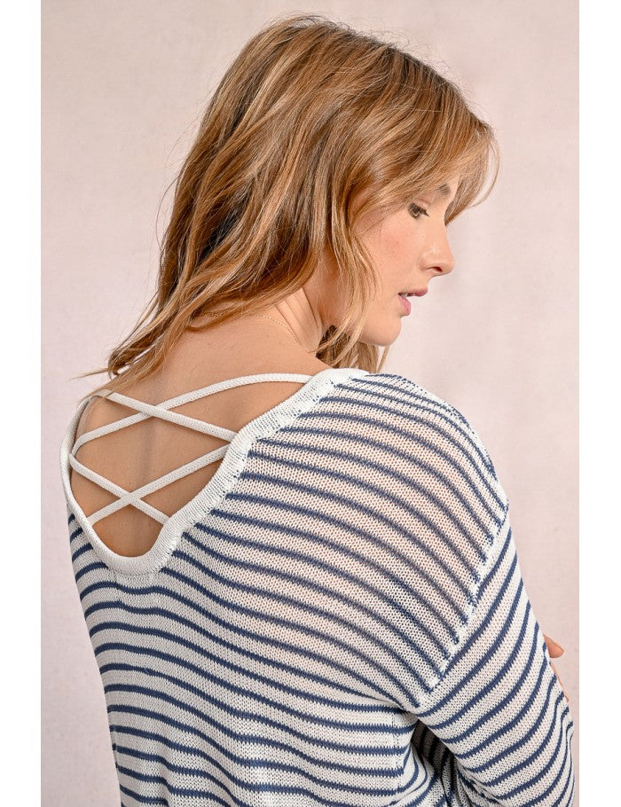 Denim blue and white striped knit