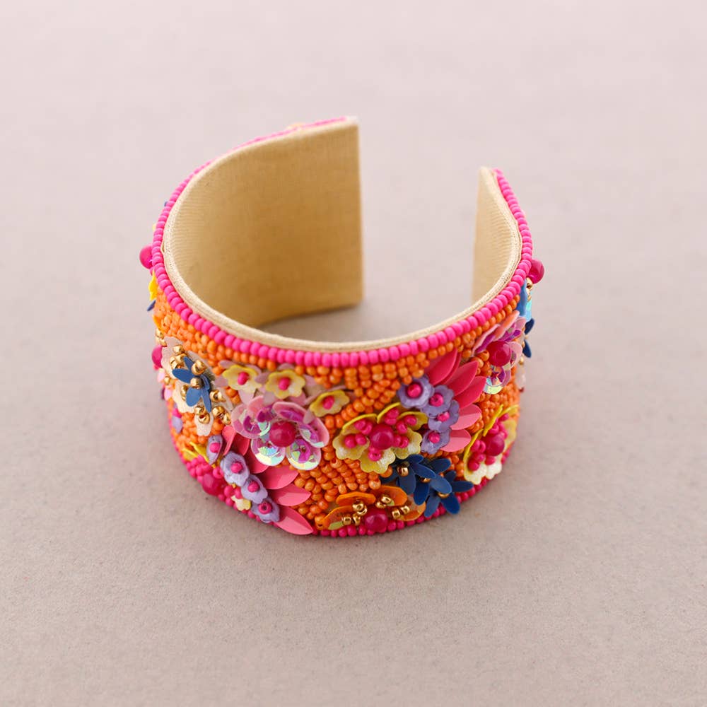 Adjustable Bracelet with Flowers and Sequins: Fuchsia