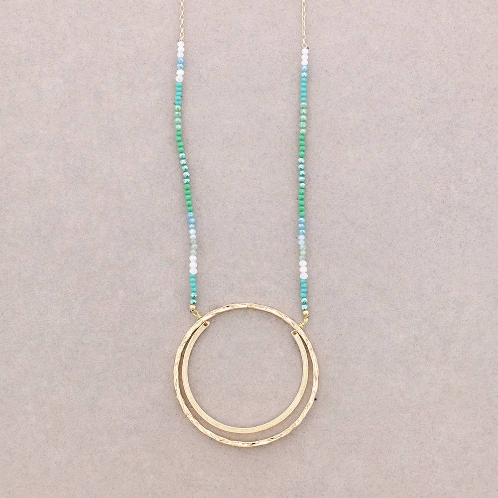 Long Faceted Crystal Necklace with Circle Metal Pendant: Green