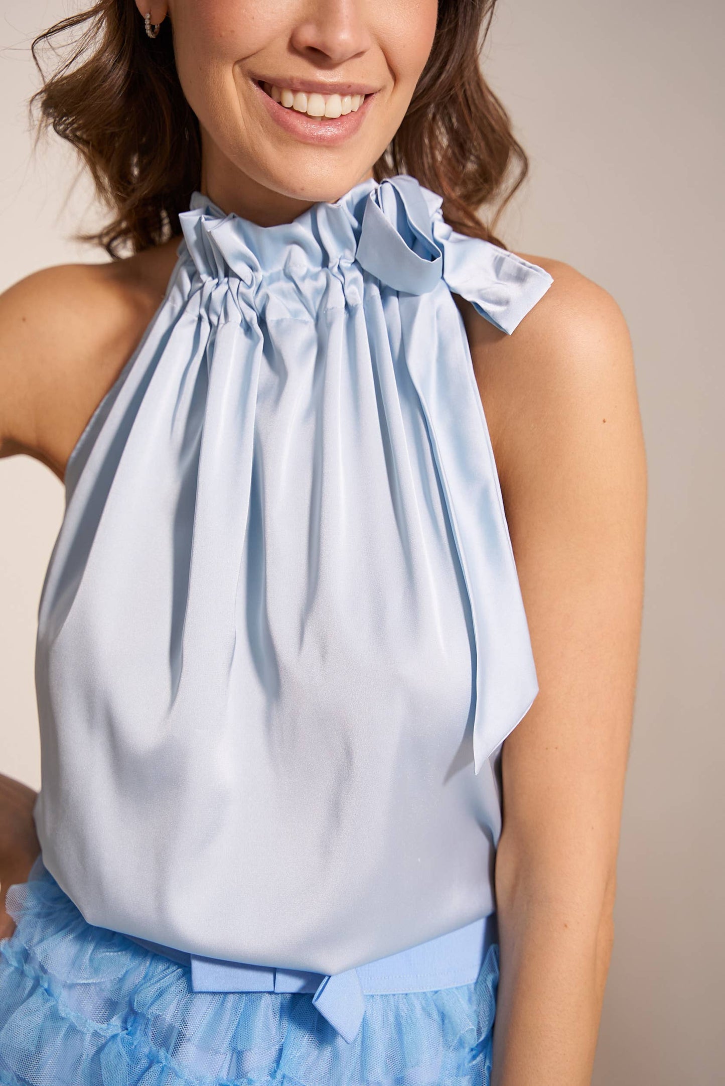 Satin Elisabeth top with bow at the collar sky Blue