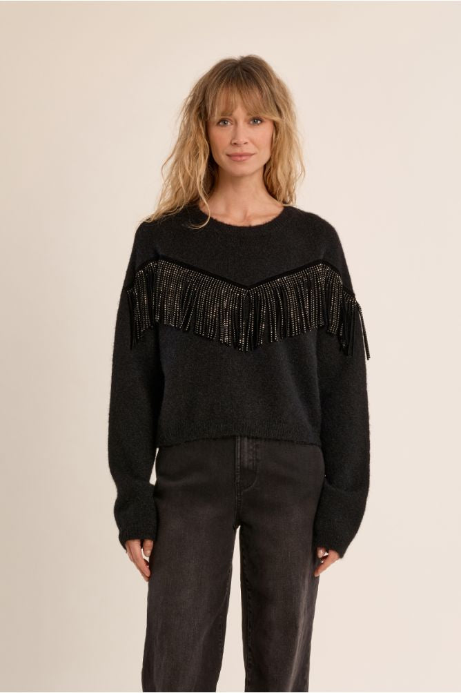 Fringed sweater with rhinestone in black
