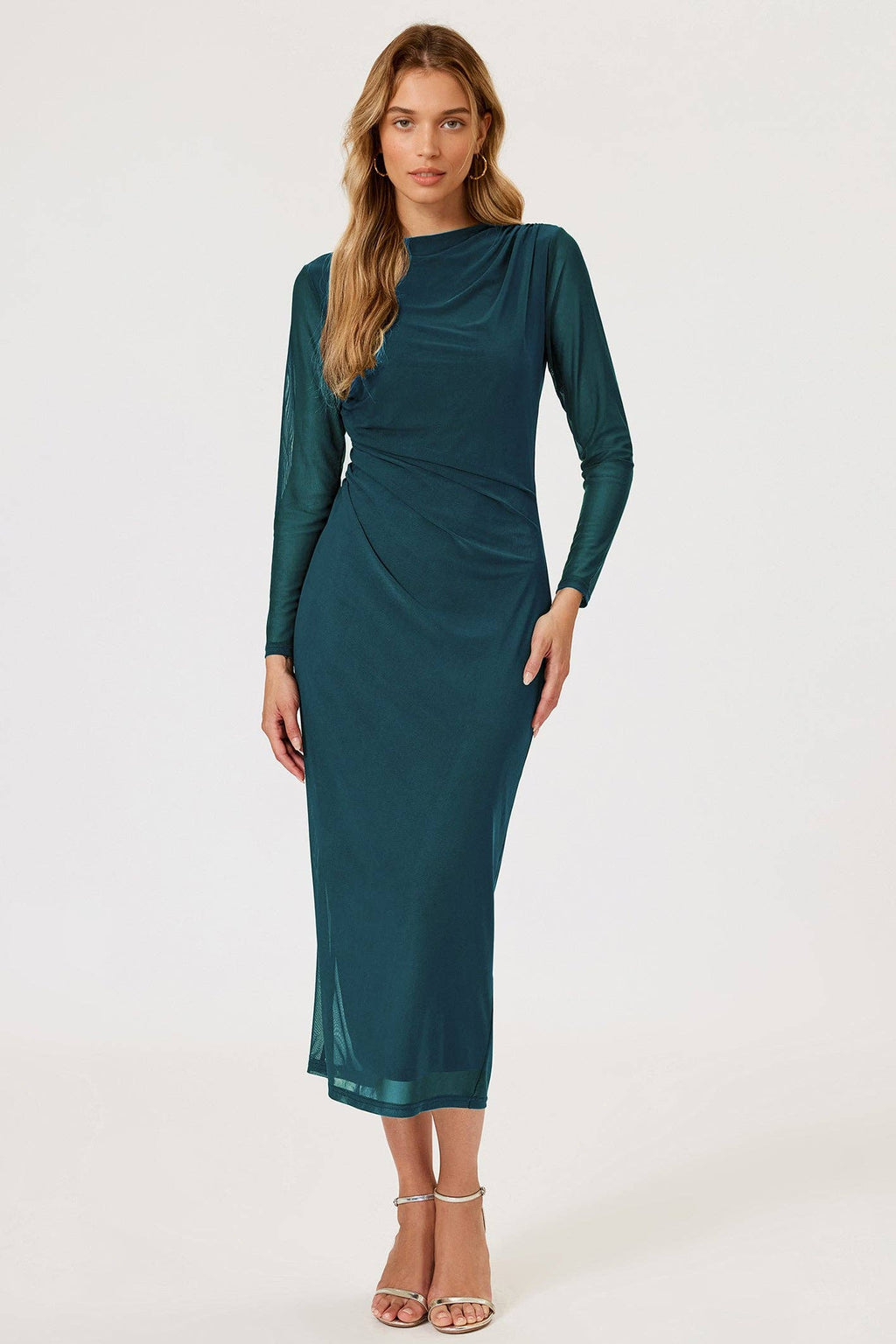 Midi dress in gathered mesh with long sleeves in teal