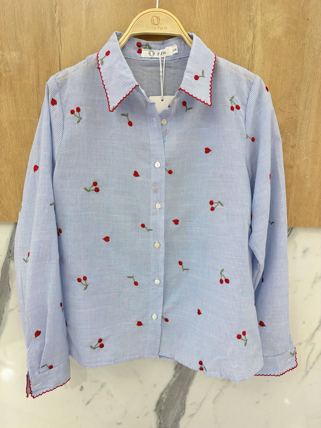 Striped 100% Cotton Shirt with Cherry Embroidery Blue