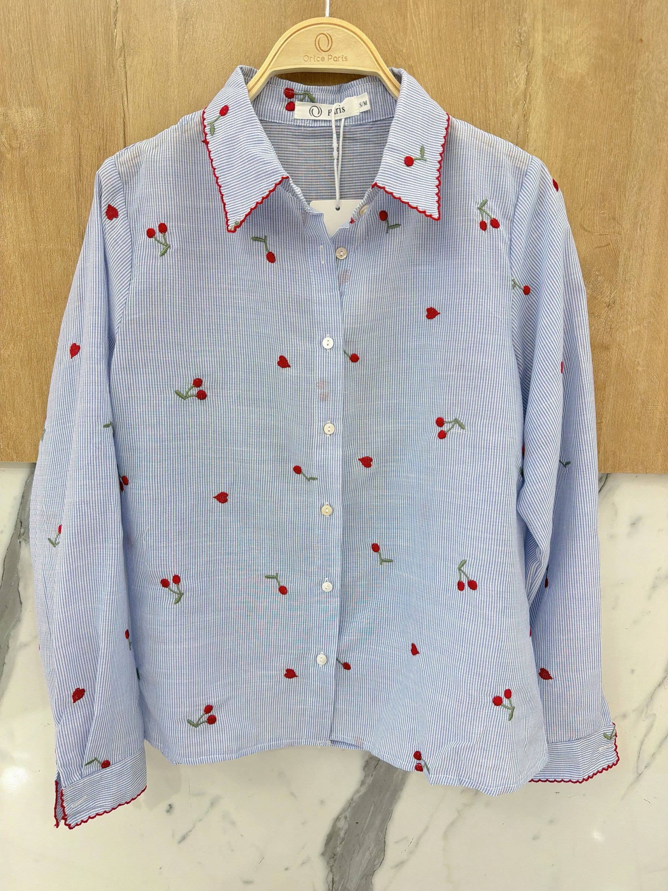 Striped 100% Cotton Shirt with Cherry Embroidery Blue
