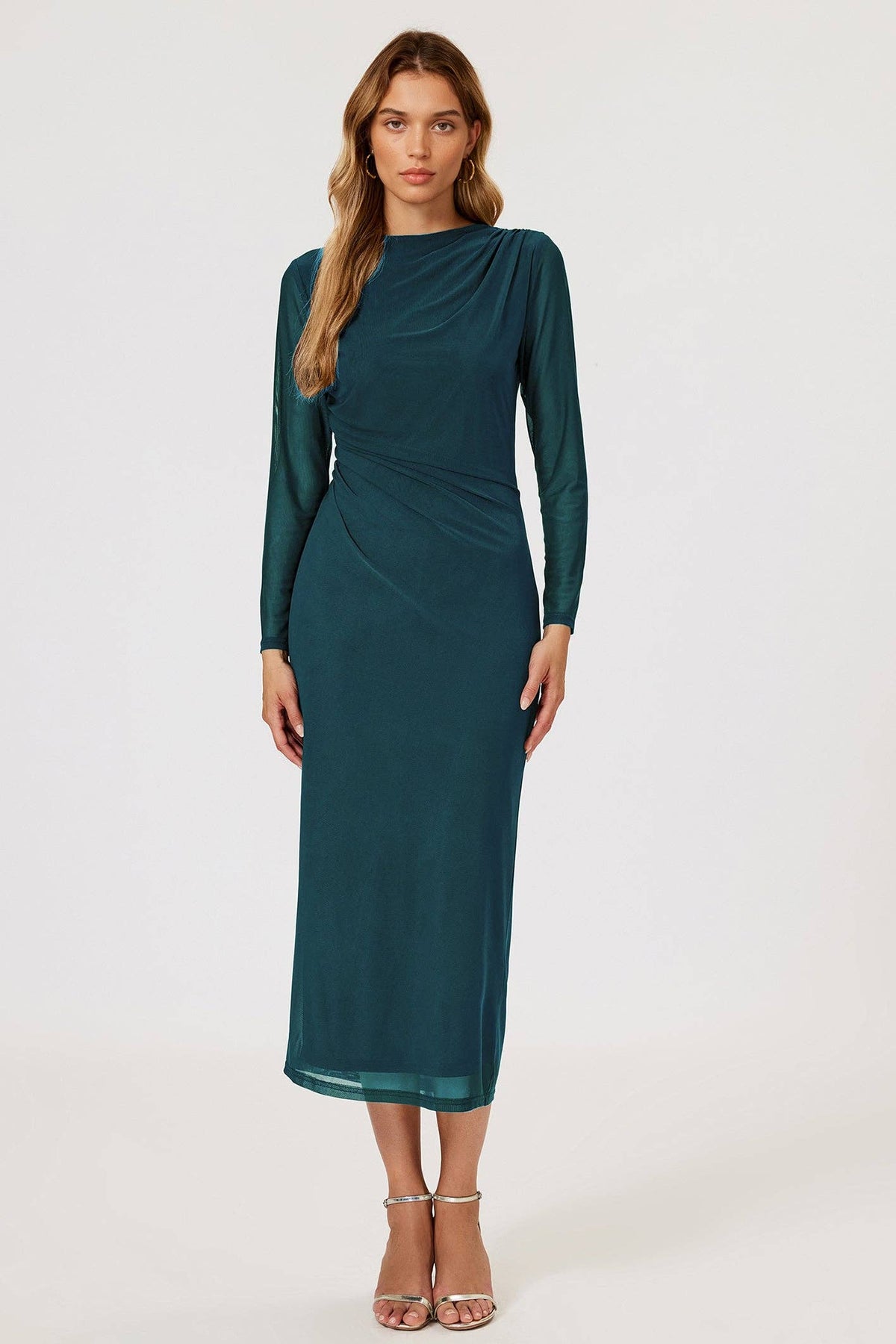 Midi dress in gathered mesh with long sleeves in teal