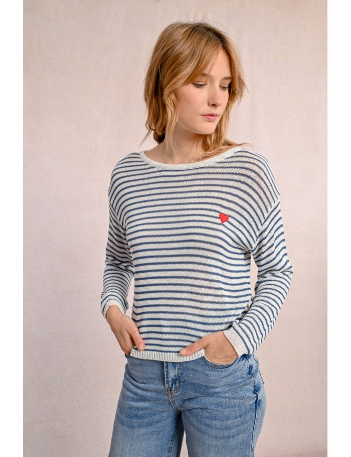 Denim blue and white striped knit