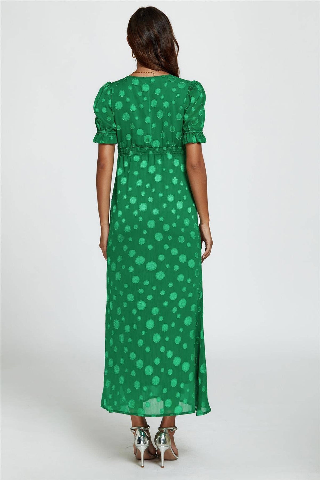 Polka Dot Jacquard Lace Trim Midi Dress In Green