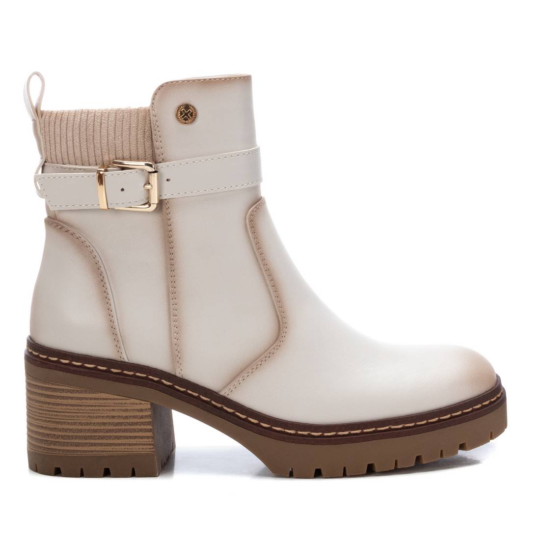 Creamy beige boot with knit and buckle detail