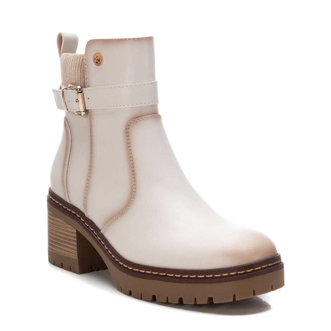 Creamy beige boot with knit and buckle detail