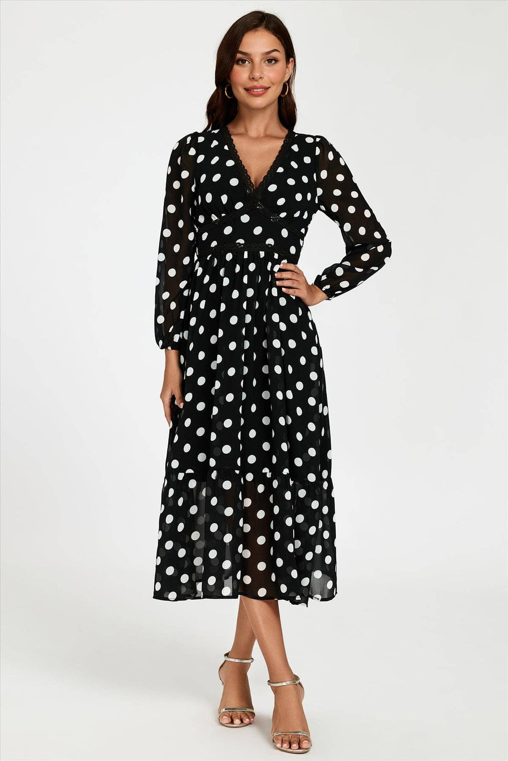Dot Print Lace Trim Long Sleeve Maxi Dress In Black