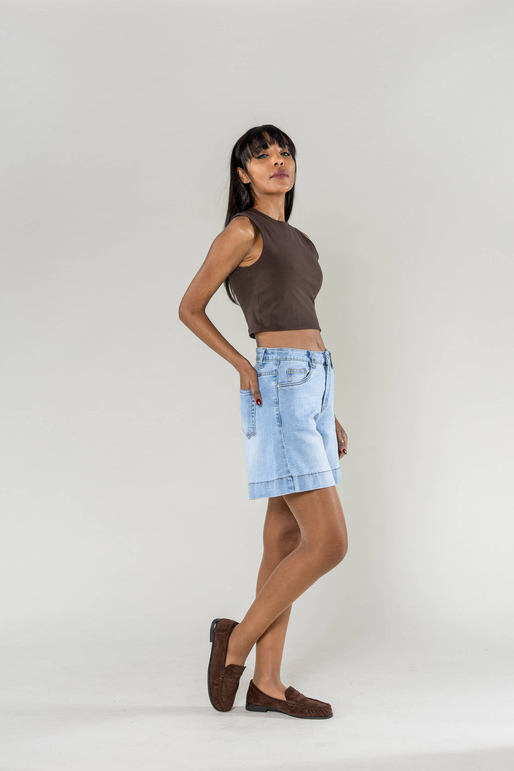 High-waisted stretch denim mid-thigh long shorts