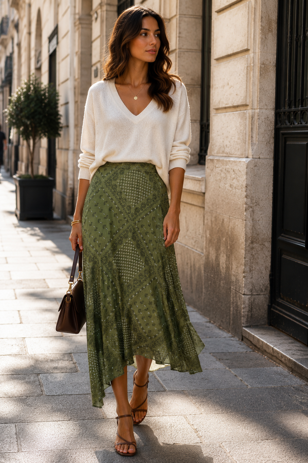 Flowing long skirt with a flared cut: Khaki