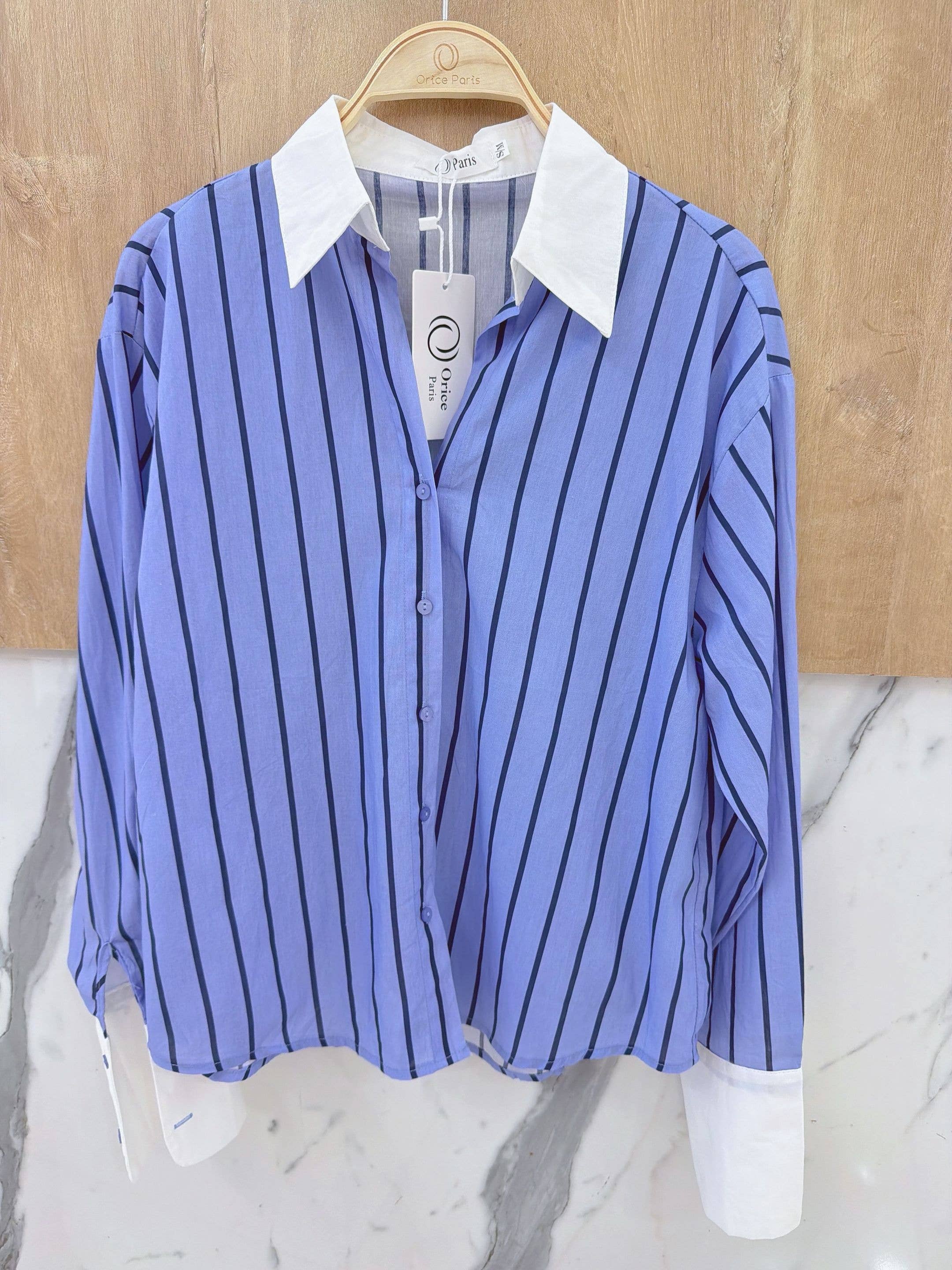 Striped satin shirt with contrast collar: Blue