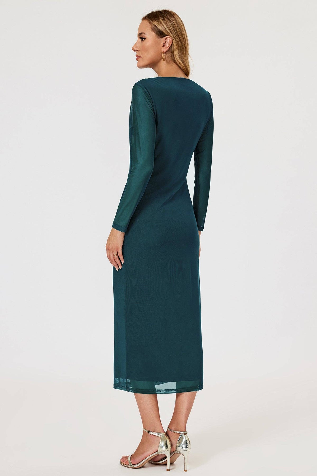 Midi dress in gathered mesh with long sleeves in teal