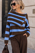 Striped knit sweater with buttoned asymmetric neckline