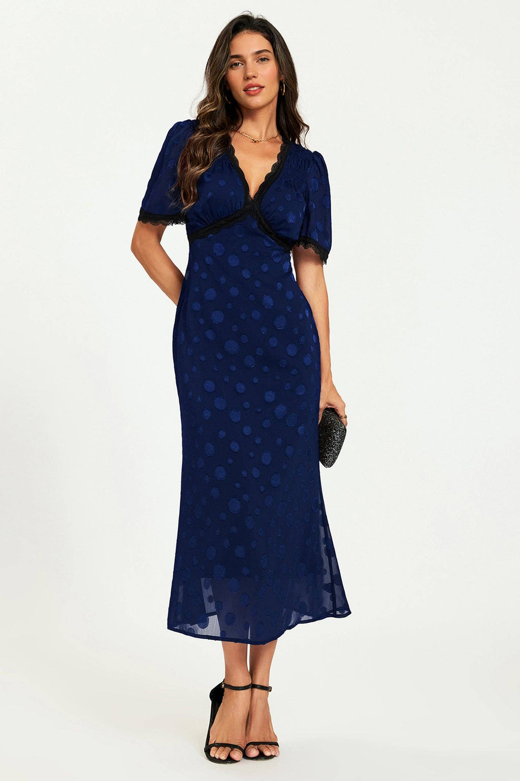 Dress with Polka Dot Jacquard in Navy