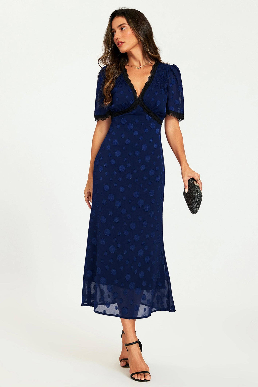 Dress with Polka Dot Jacquard in Navy
