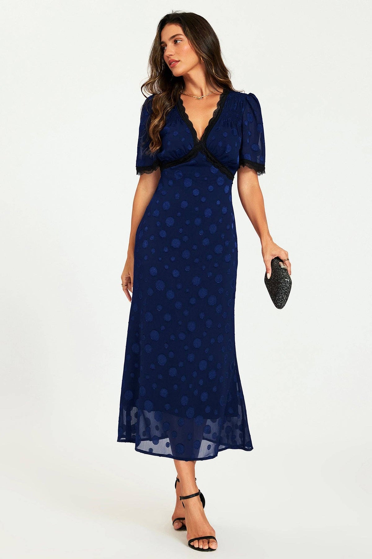 Dress with Polka Dot Jacquard in Navy