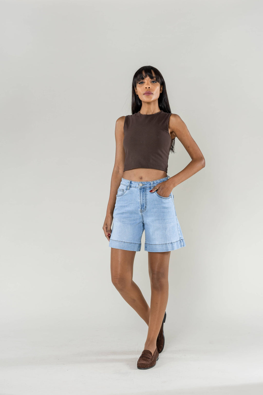 High-waisted stretch denim mid-thigh long shorts