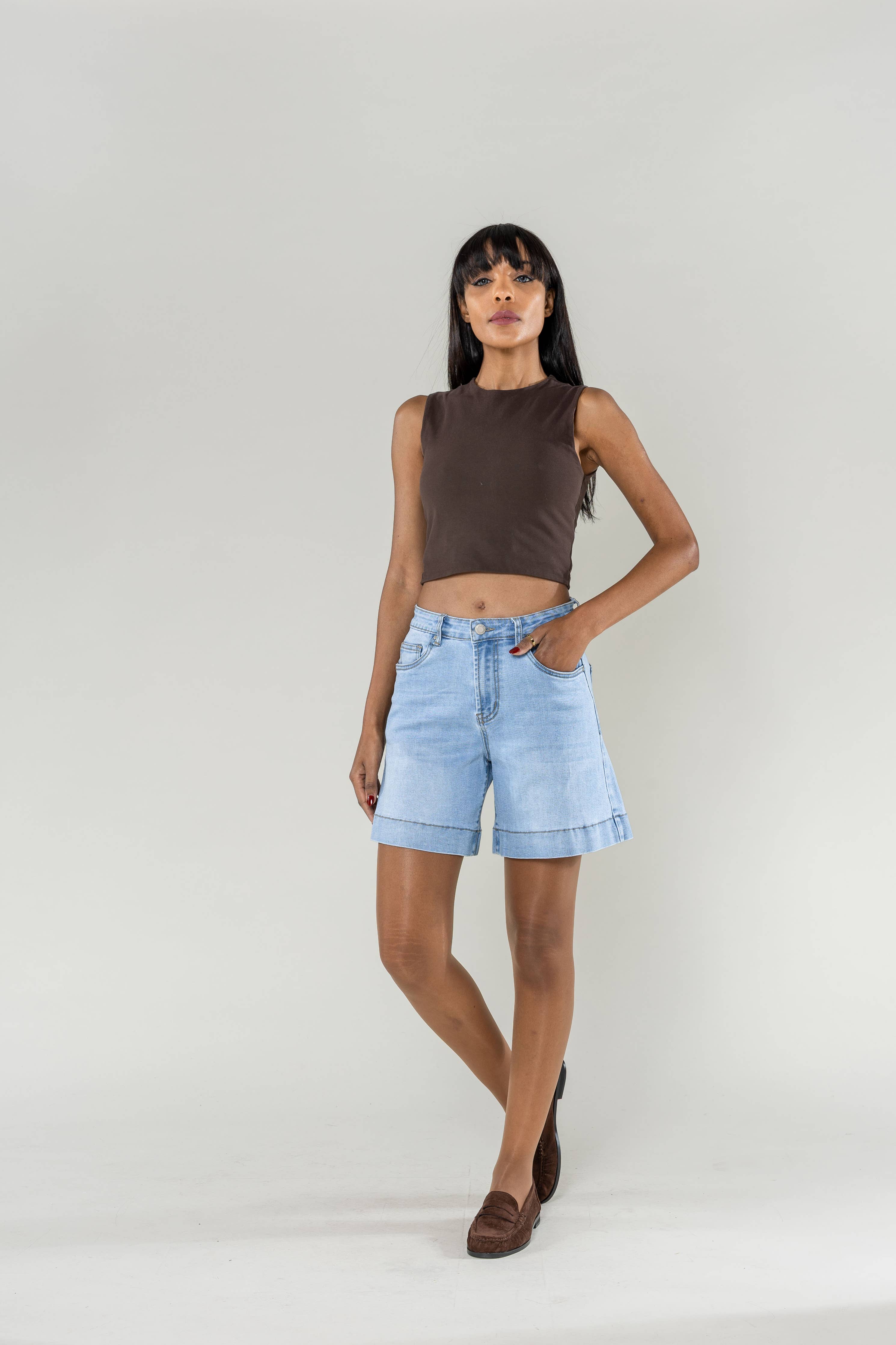 High-waisted stretch denim mid-thigh long shorts