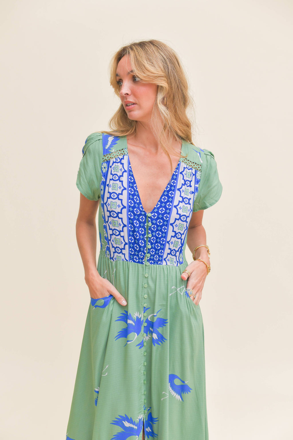 BLUE BIRD PRINT CARMEN MAXI DRESS