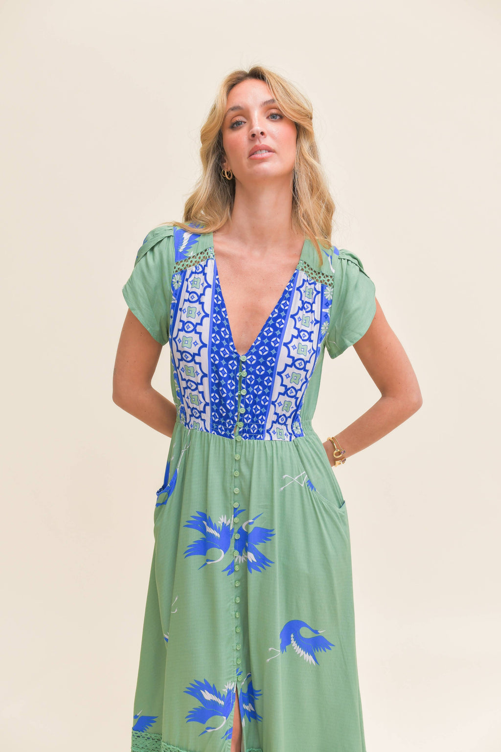 BLUE BIRD PRINT CARMEN MAXI DRESS