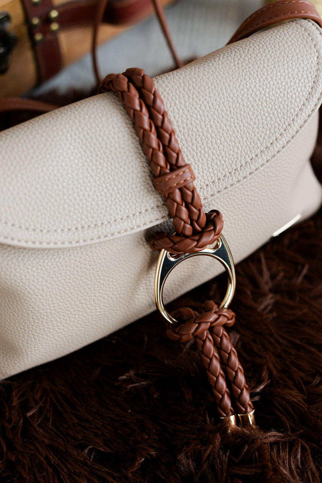 2-Compartment Beige Beaded Braided Crossbody Bag