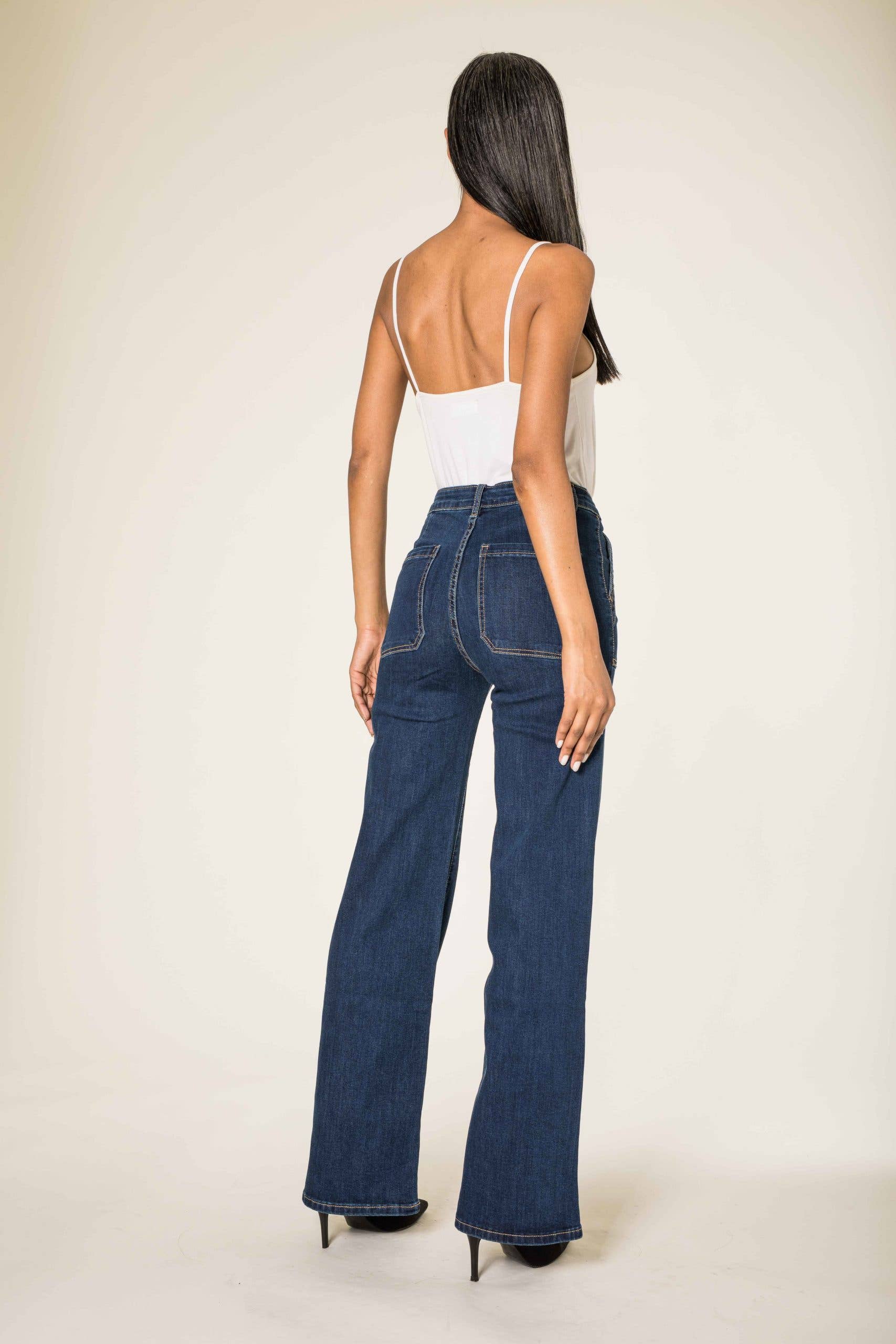 Wide high-waisted stretch flare jeans: Raw blue