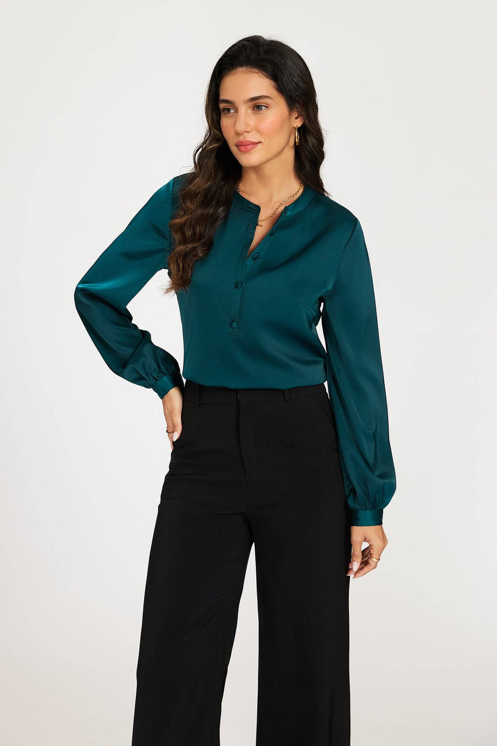 Satin blouse with stand-up collar and button placket Teal