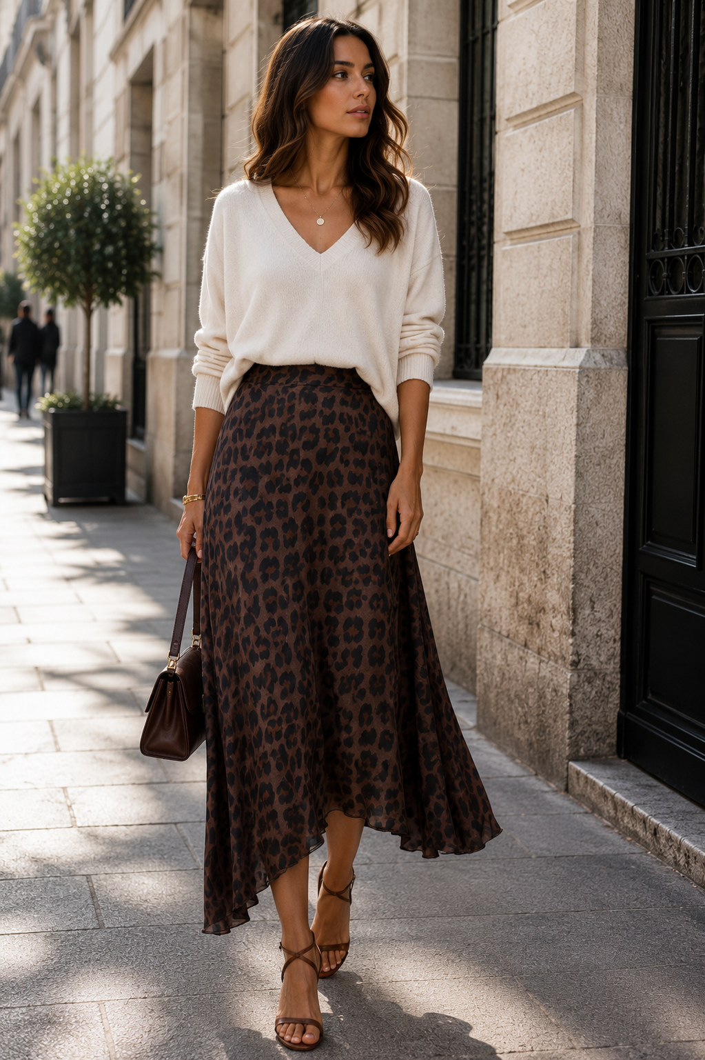 Long flowing asymmetrical skirt: Brown leopard