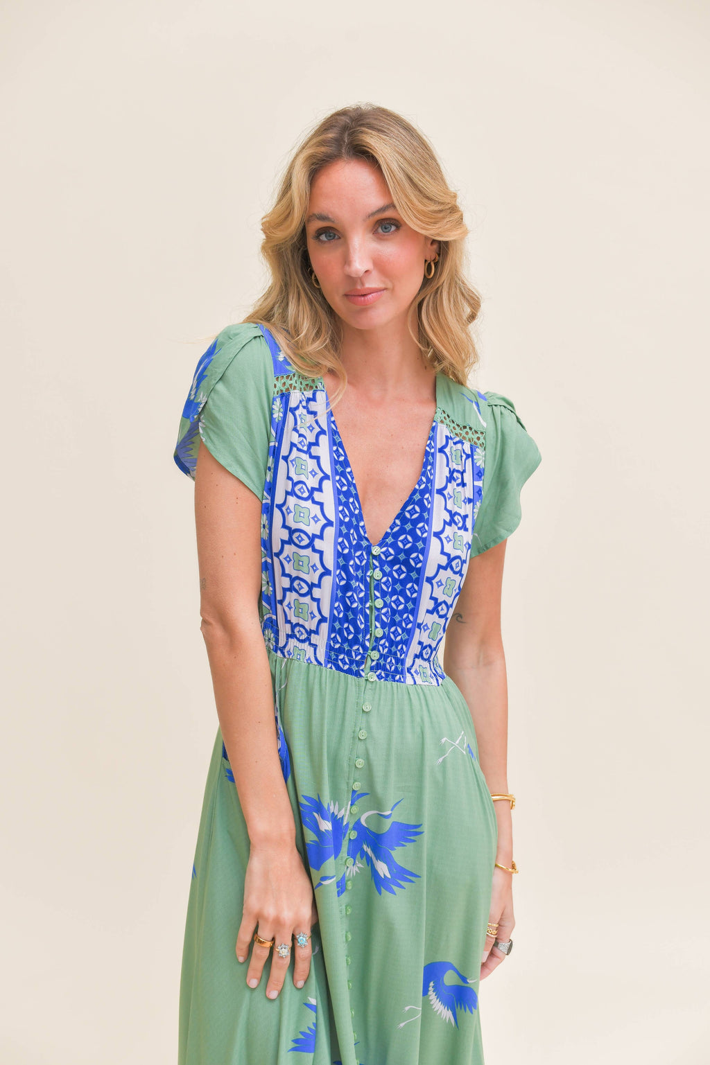 BLUE BIRD PRINT CARMEN MAXI DRESS