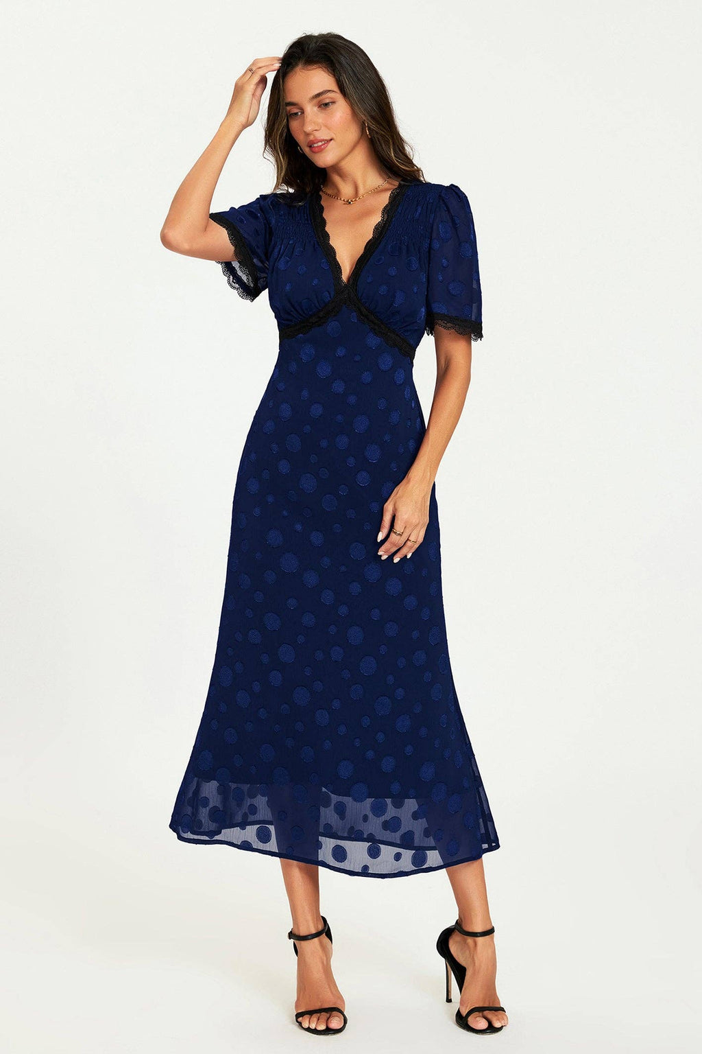 Dress with Polka Dot Jacquard in Navy