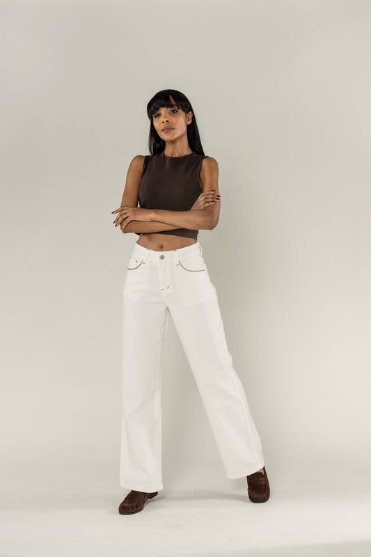 Wide stretch cream jeans with topstitching