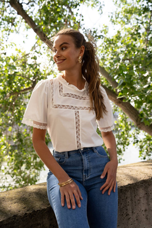 Victorian collar cotton top with lace: White