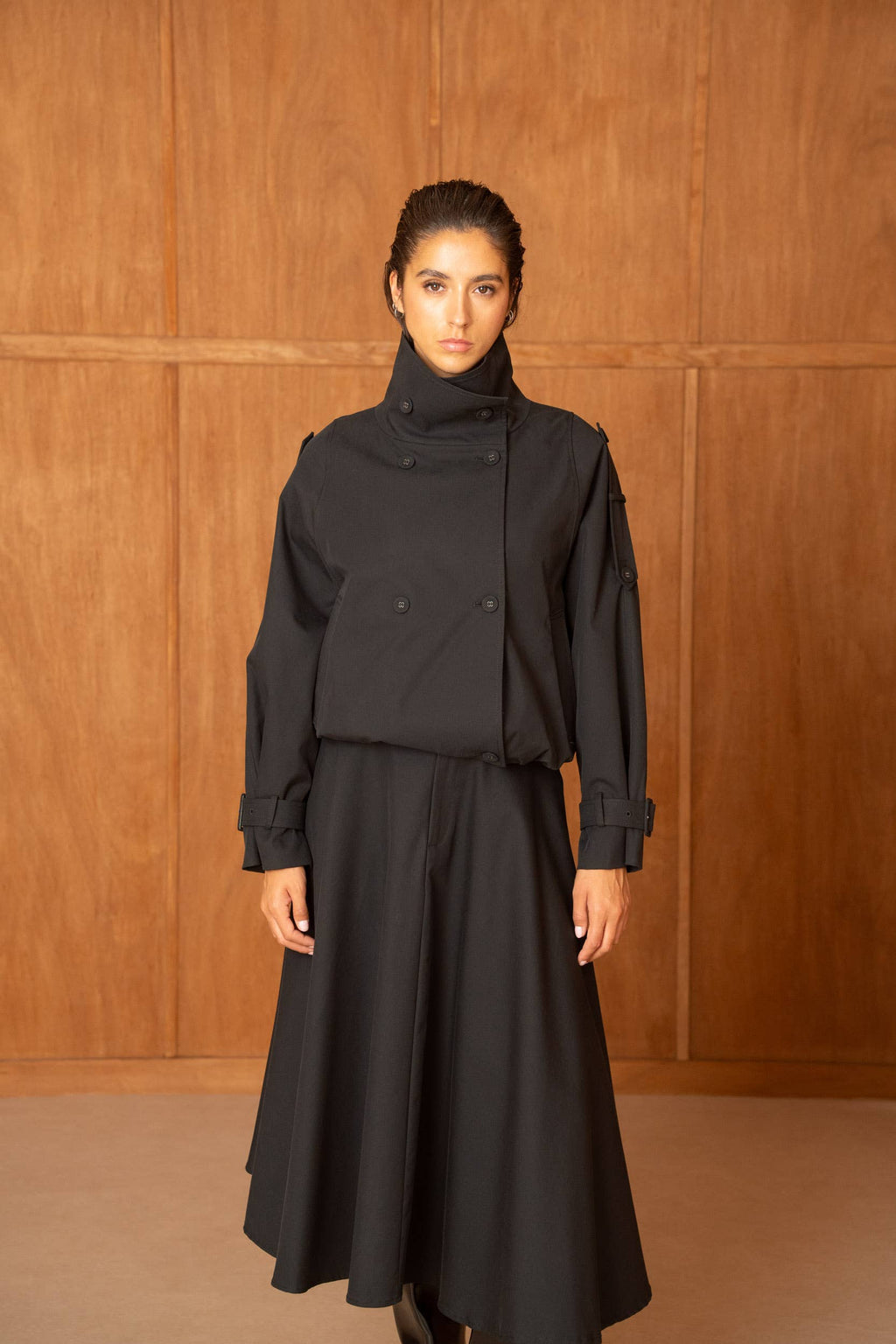 Short oversized trench-style jacket with stand up collar: black