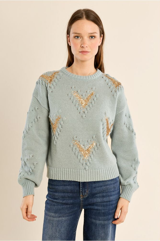 Pale turquoise sweater with sequence