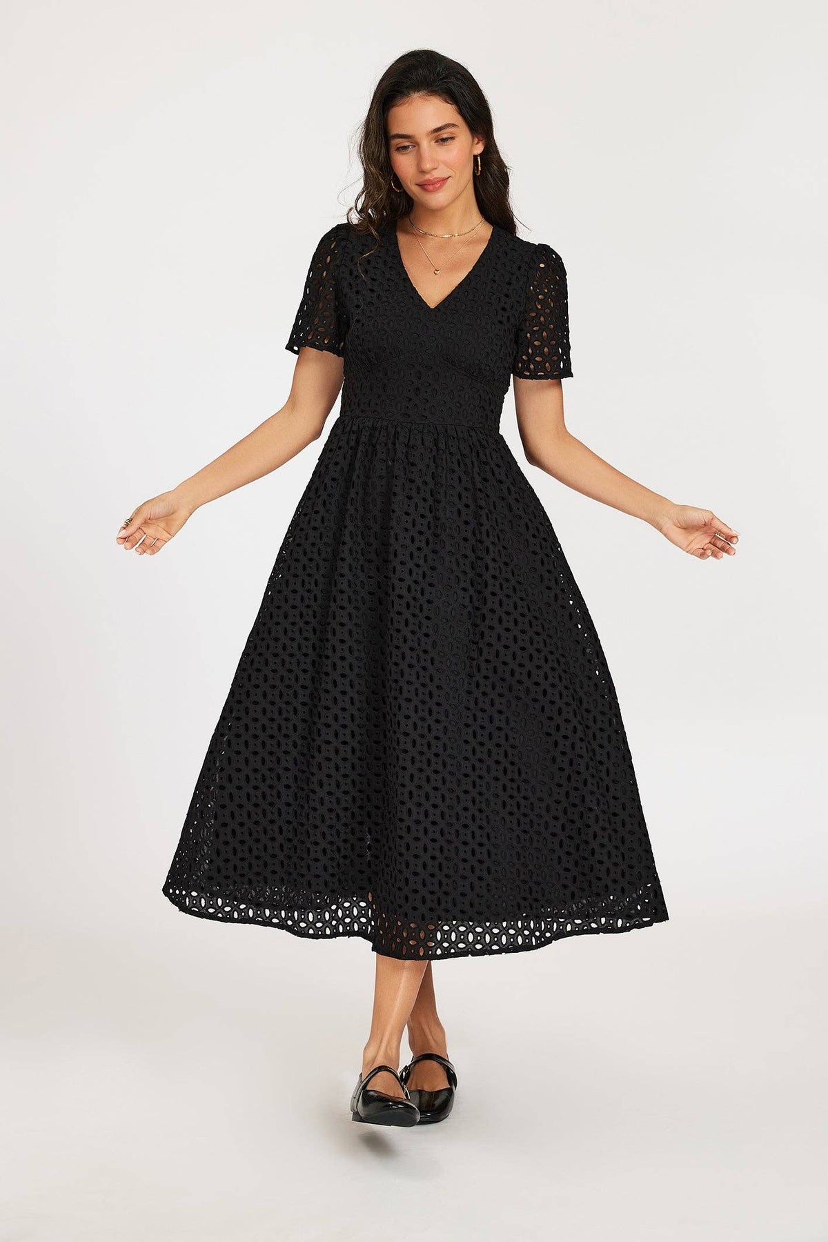 Midi dress with embroidery in black