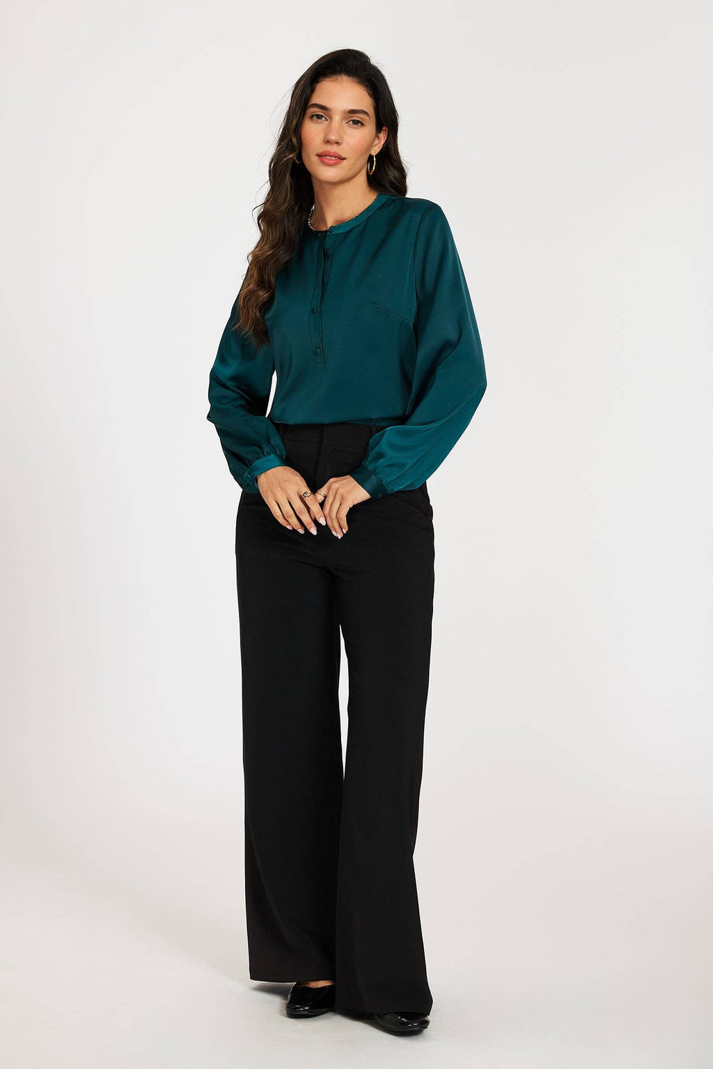 Satin blouse with stand-up collar and button placket Teal