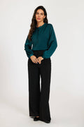 Satin blouse with stand-up collar and button placket Teal