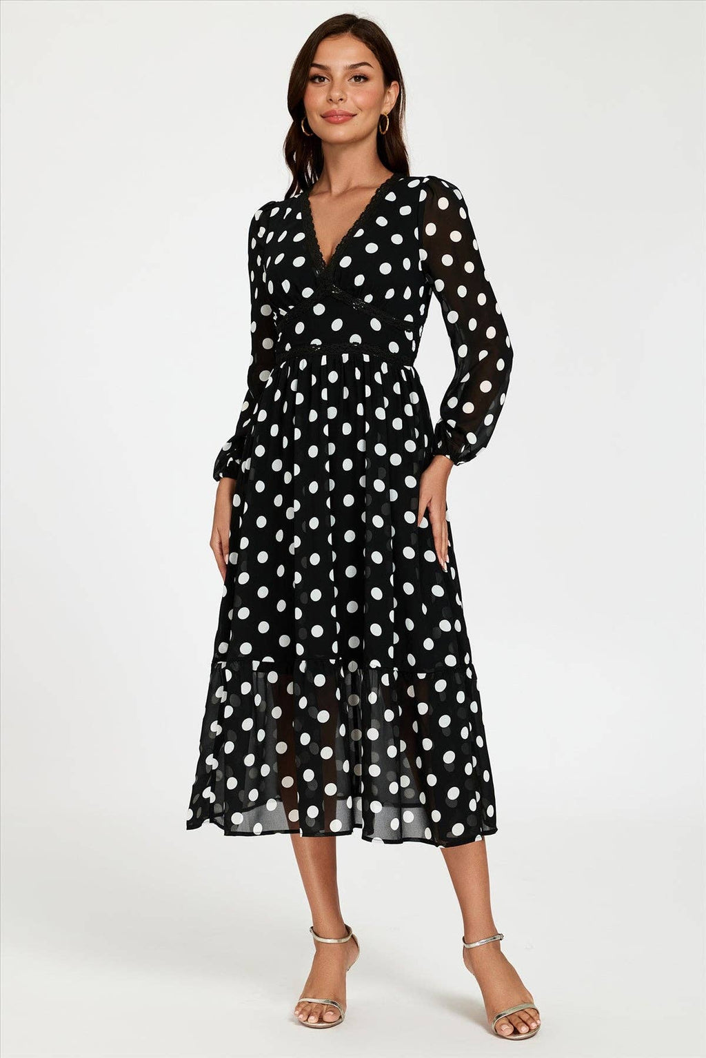 Dot Print Lace Trim Long Sleeve Maxi Dress In Black