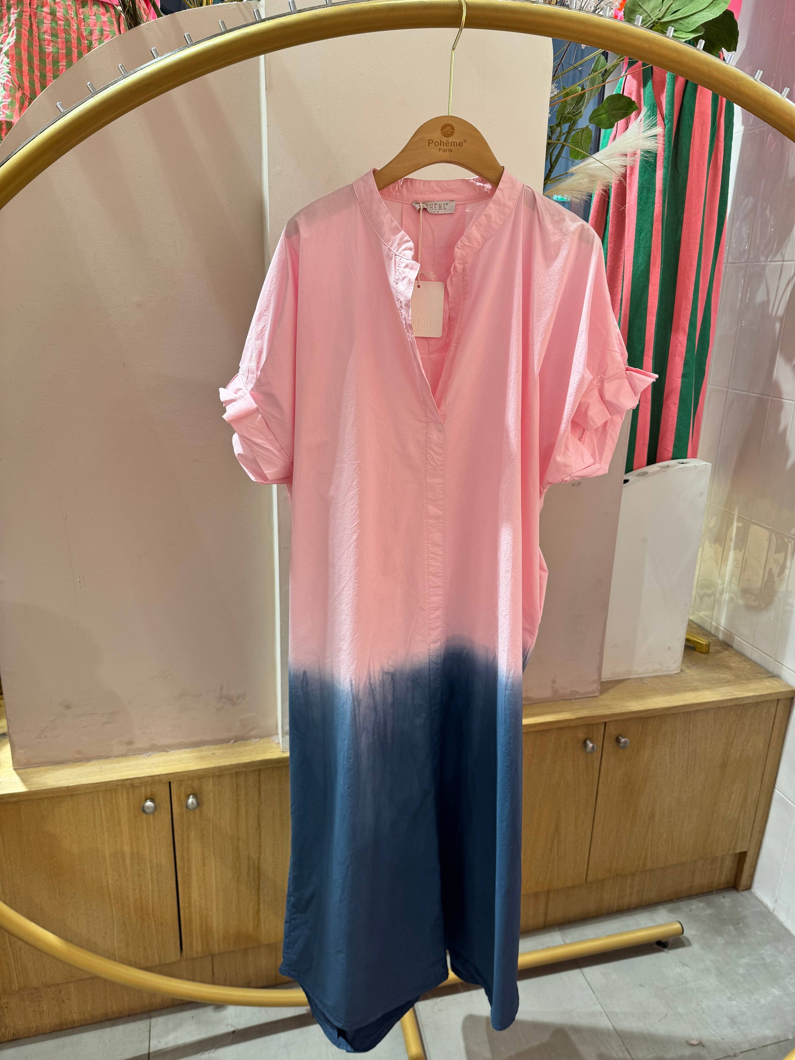 Short-sleeved cotton dress rose and navy