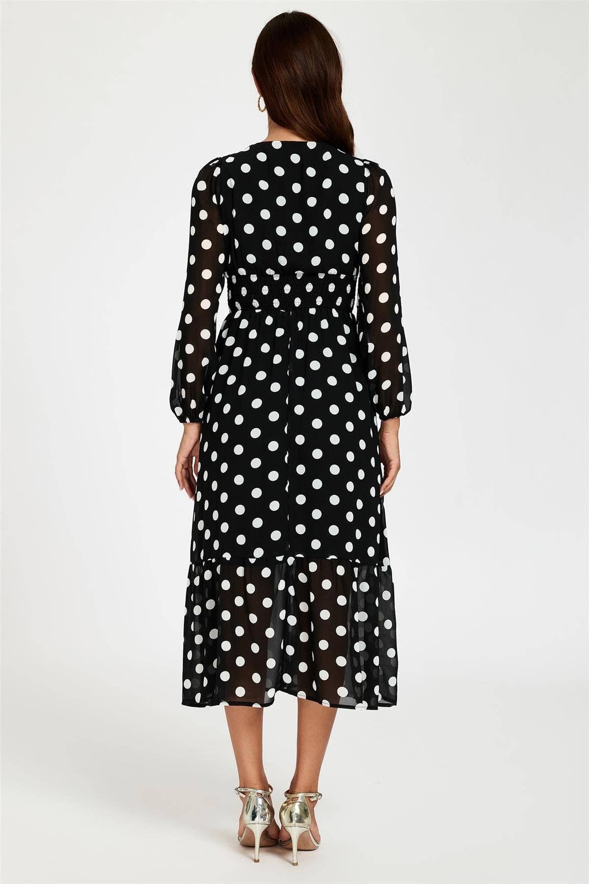 Dot Print Lace Trim Long Sleeve Maxi Dress In Black