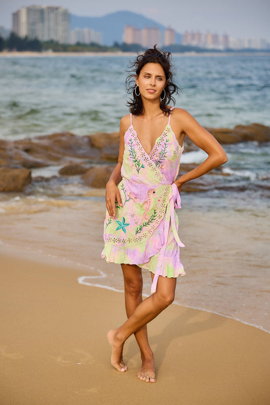Mid-length wrap dress with embroidery