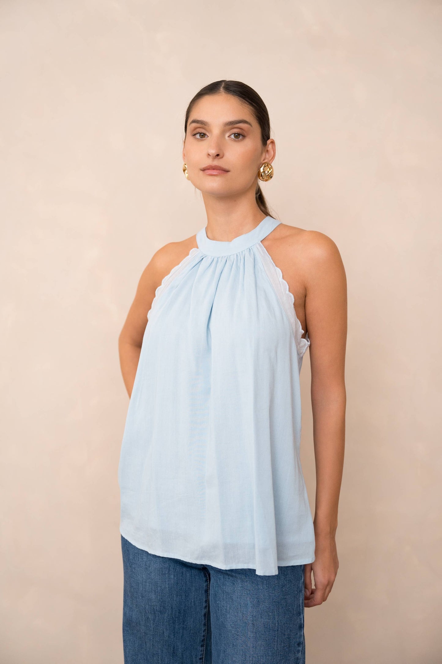 Top with bow neckline containing linen: Sky Blue