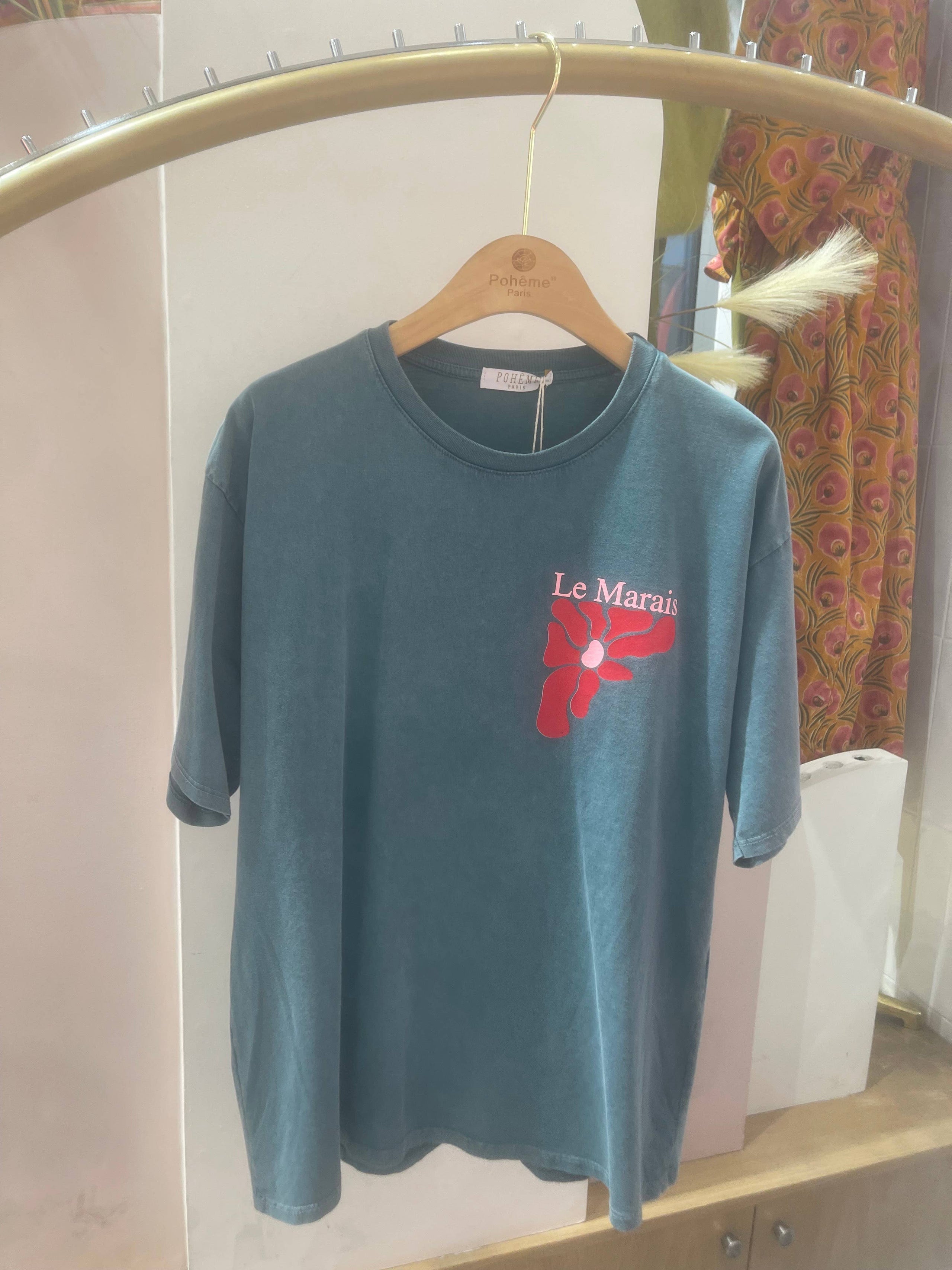 Parisian T-shirt Le Marais Graphic on Back: Teal