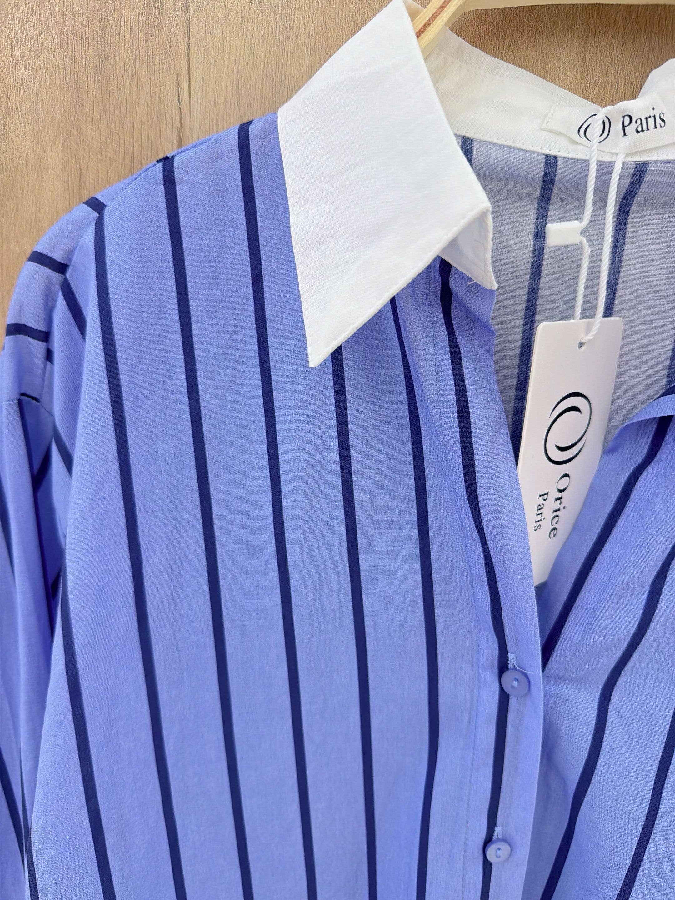 Striped satin shirt with contrast collar: Blue