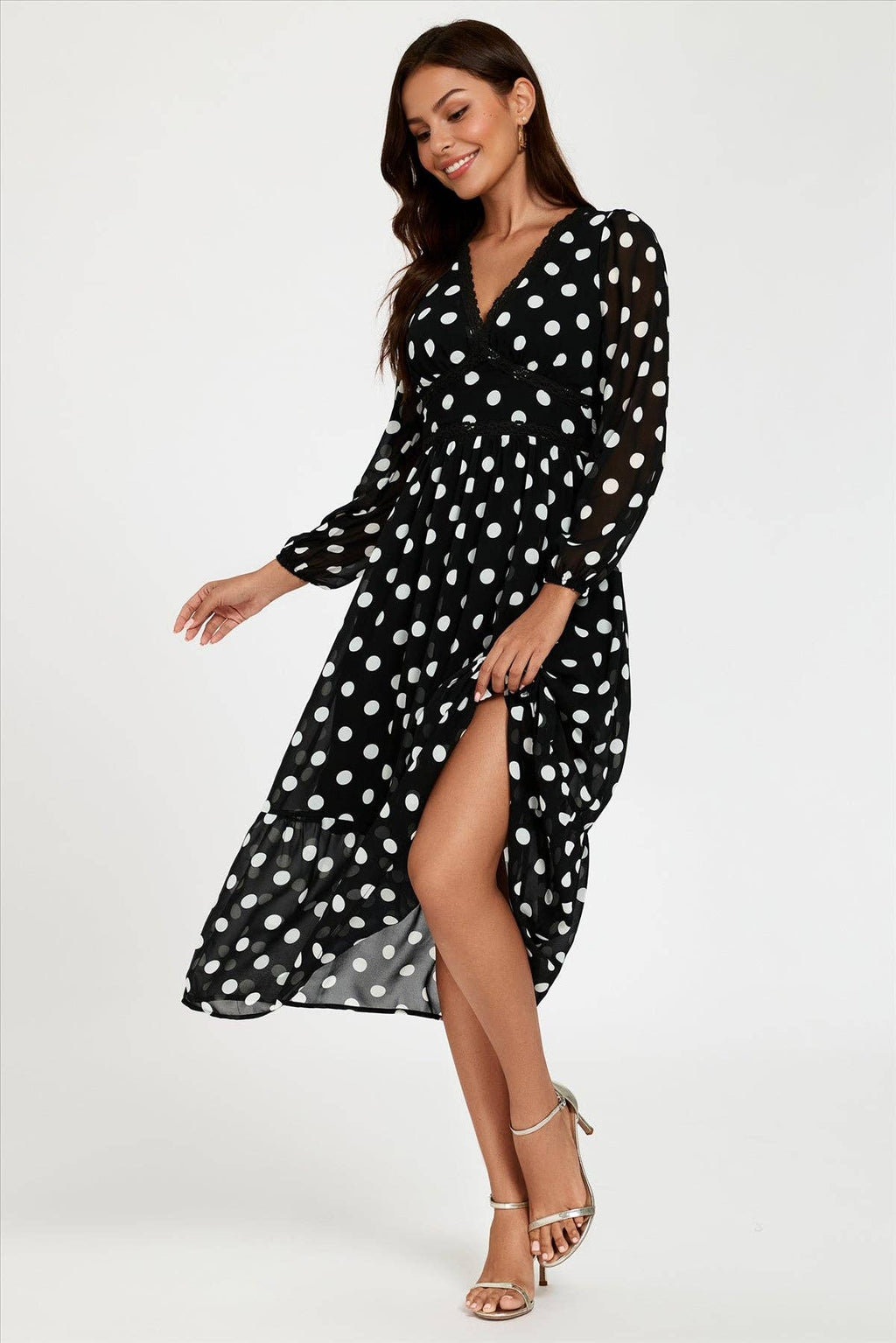 Dot Print Lace Trim Long Sleeve Maxi Dress In Black