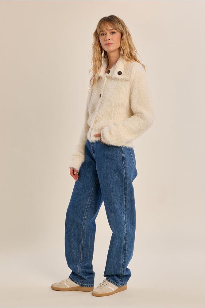 Fluffy knit Cardi with stand up collar in cream