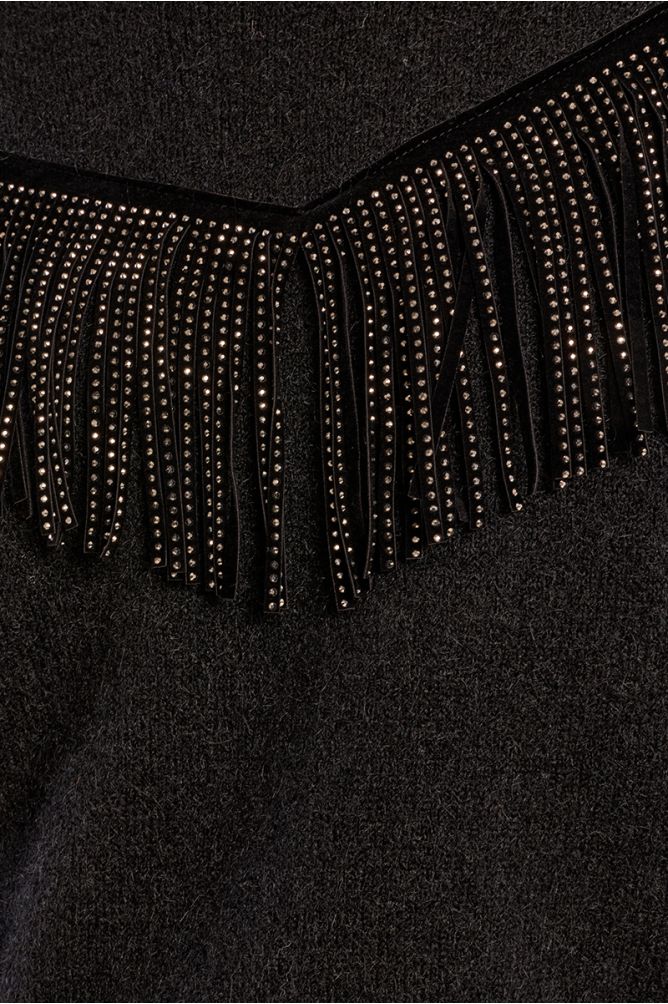 Fringed sweater with rhinestone in black