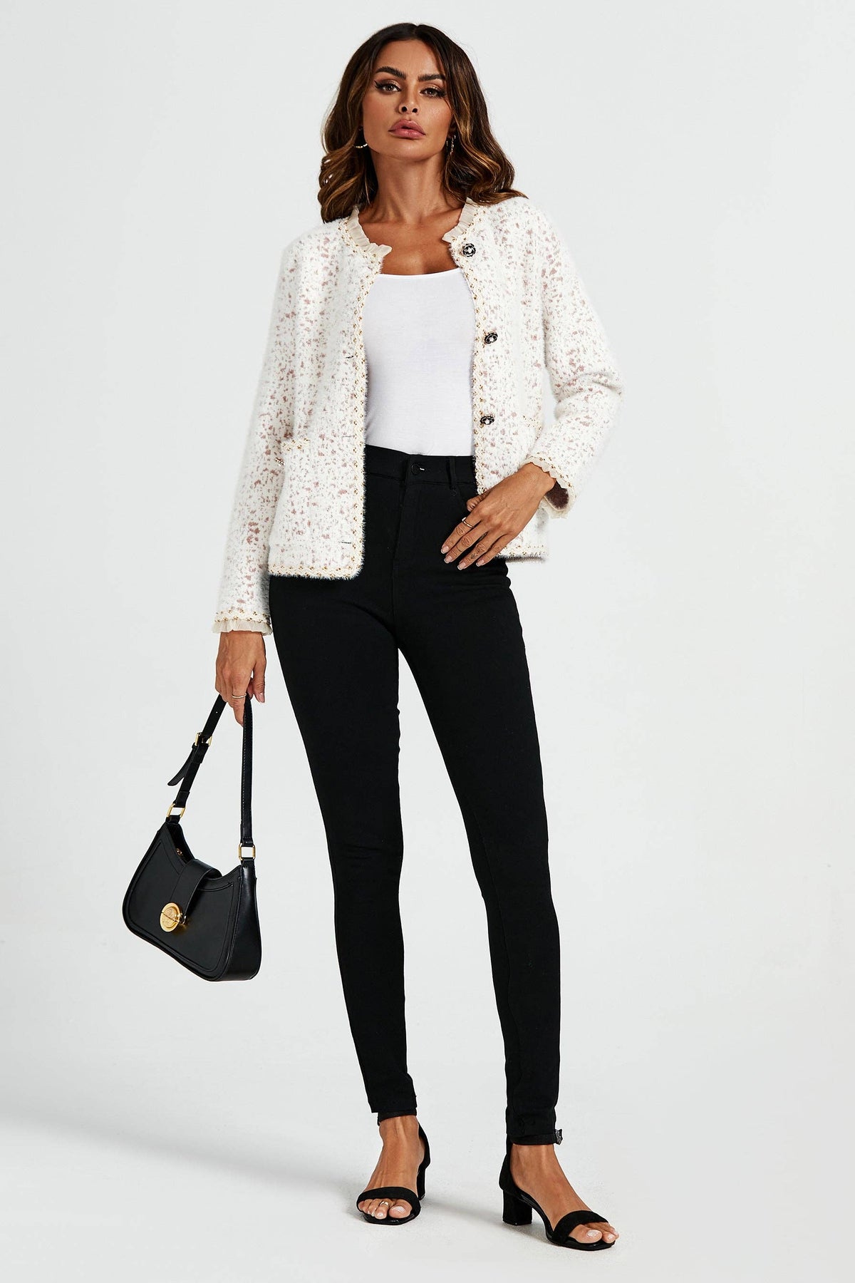 Leopard Pattern Lace Trim Boucle Jacket in Cream